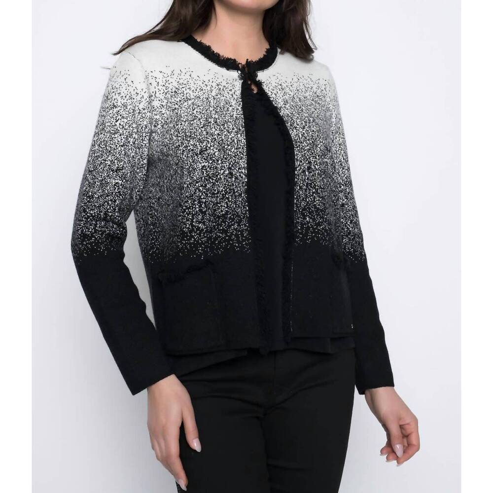 NEW PICADILLY fringe trimmed jacket in black/white/cream